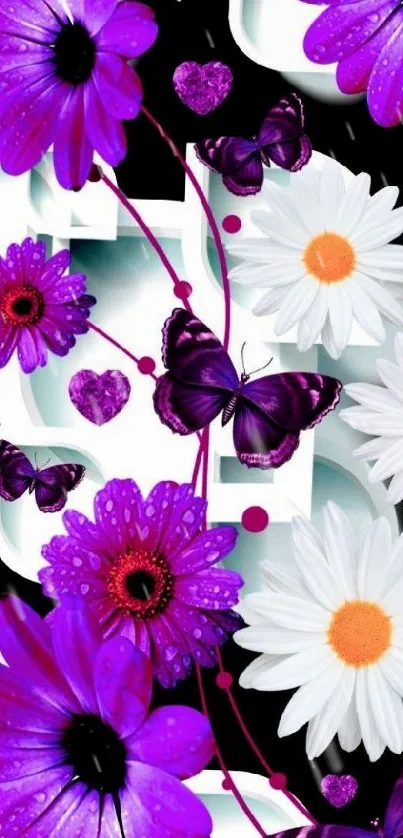 A vibrant purple floral wallpaper with butterflies, daisies, and hearts.