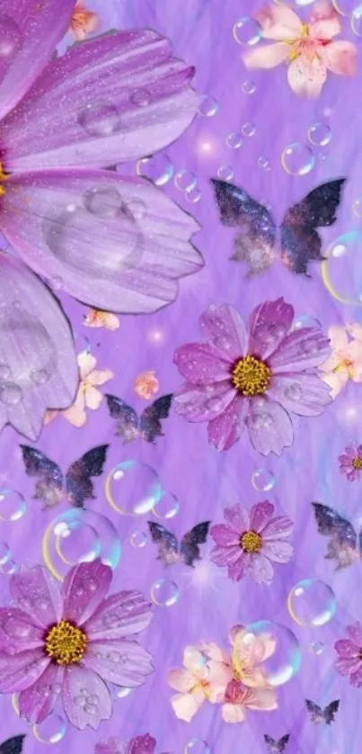 Purple floral wallpaper with butterflies and a lavender background.