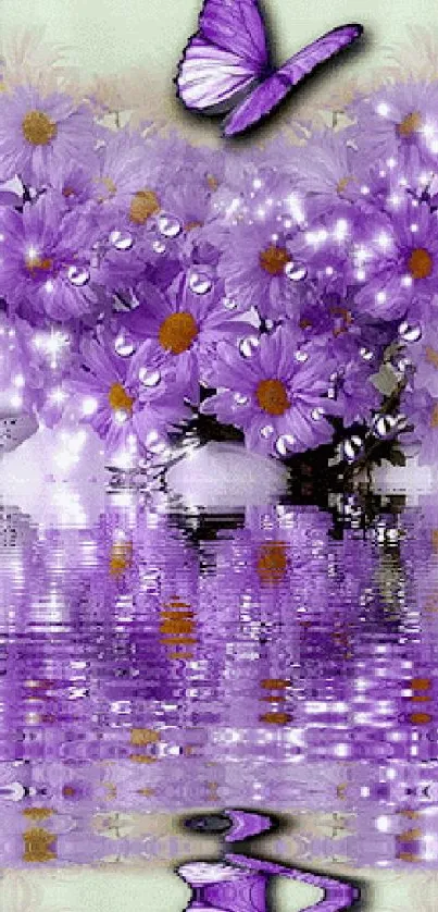 Purple flowers and butterflies reflect in water for a calming mobile wallpaper.