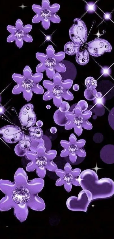 Purple flowers and butterflies with sparkling details on a dark background.