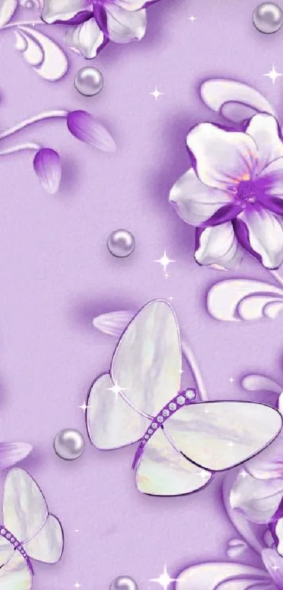 Lavender wallpaper with flowers and butterflies.