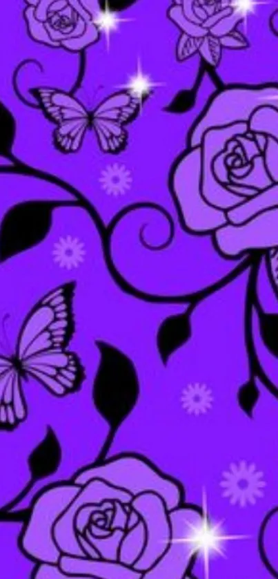 Violet wallpaper with black floral and butterfly patterns.