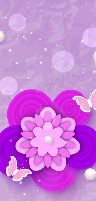 Purple floral wallpaper with butterflies and pearls.