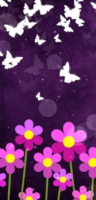 Purple wallpaper with pink flowers and white butterflies design.