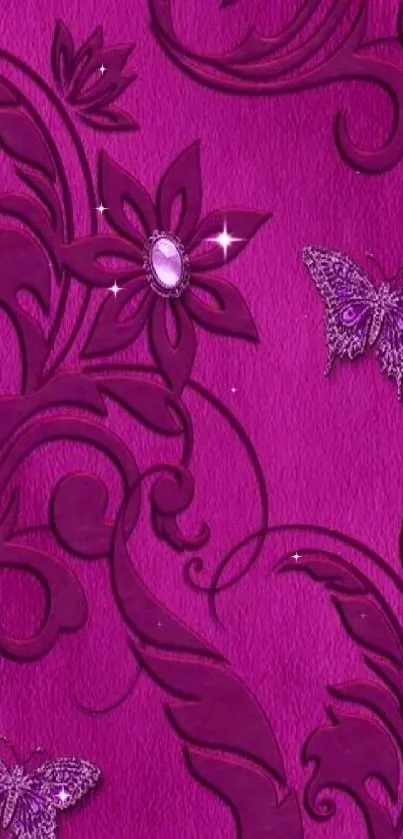 Purple floral wallpaper with butterflies