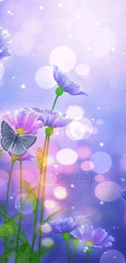 Purple flowers with butterfly and bokeh background.