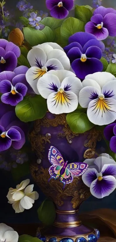 Purple pansies and butterfly in decorative vase wallpaper.