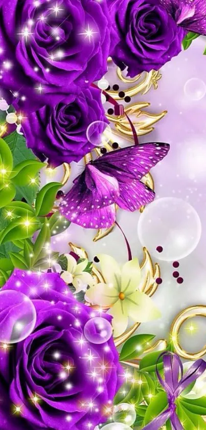 Purple roses and butterfly with glitter accents on a floral wallpaper background.