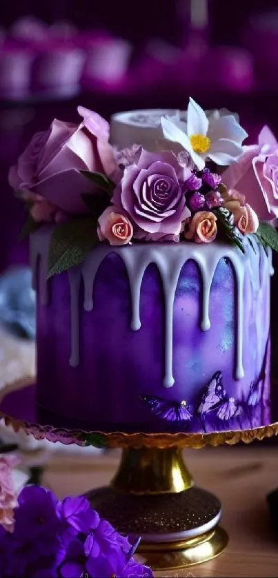 Purple cake with floral design on a gold stand.