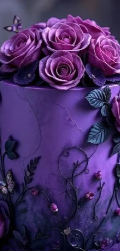 A beautifully decorated purple floral cake with elegant roses and intricate details.