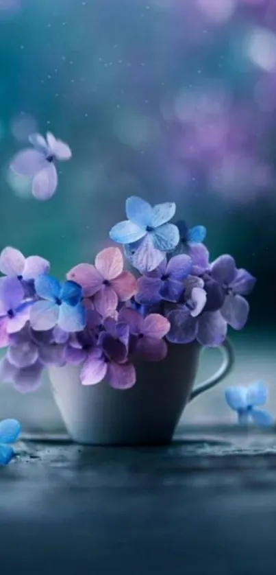 Cup filled with purple and blue flowers on a dreamy background.