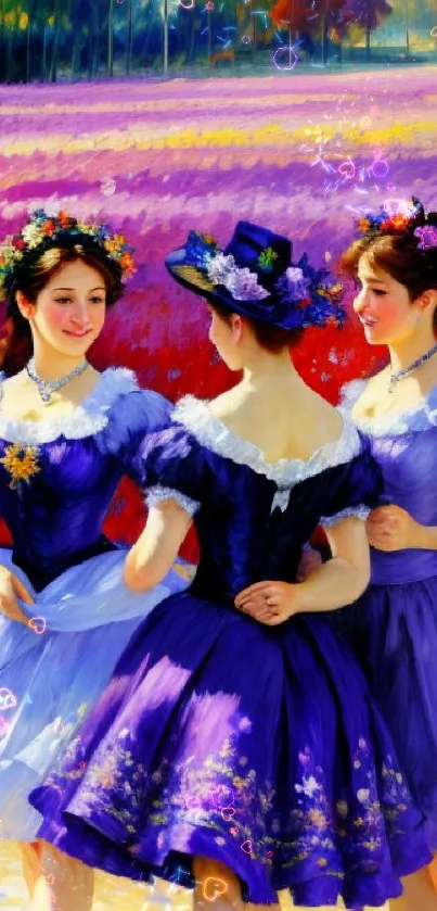 Three women in purple dresses dancing in a vibrant floral field.