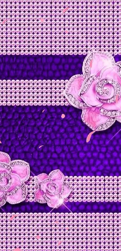 Purple floral wallpaper with pink diamond flowers and textured gems.