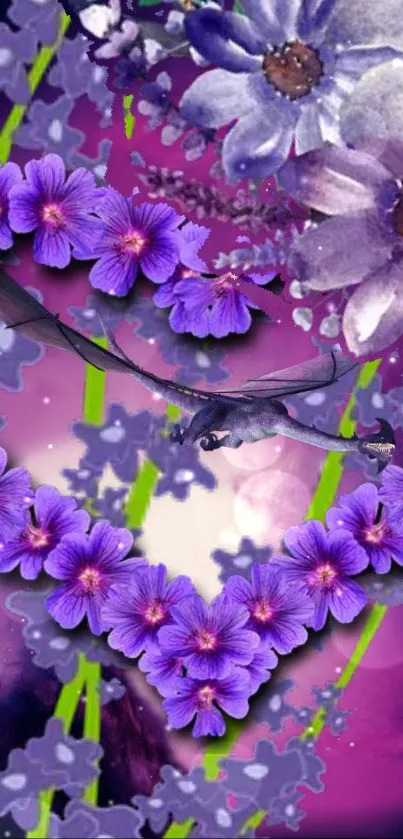 Purple floral heart with dragon art wallpaper.