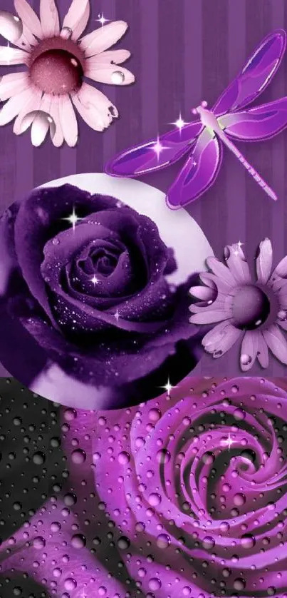 Purple flowers and dragonfly wallpaper with droplets.