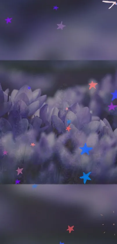 Purple floral wallpaper with vibrant stars.