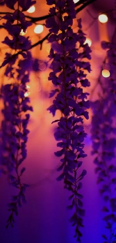 Dreamy purple flowers illuminated with warm lights, creating an elegant phone wallpaper.