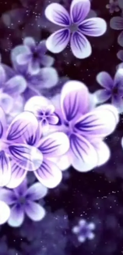 Purple flowers with dreamy floral design on black background.