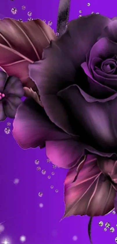 Elegant purple flowers and roses wallpaper with sparkling accents.