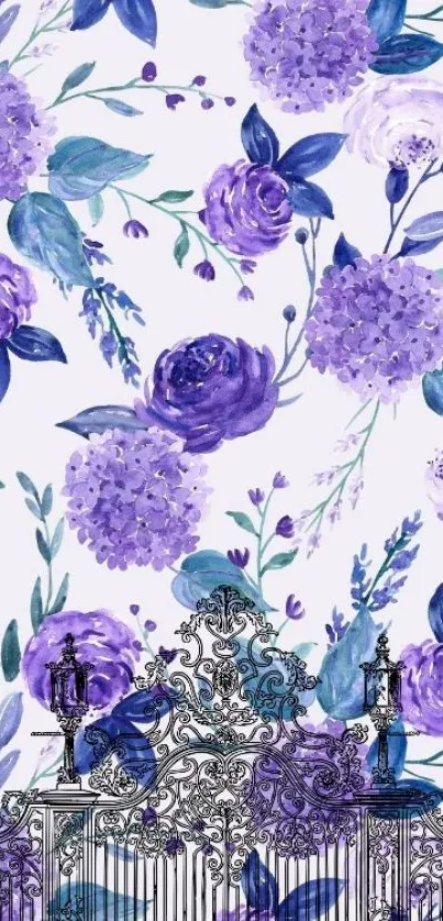 Elegant purple floral wallpaper with hydrangeas, roses, and decorative elements.