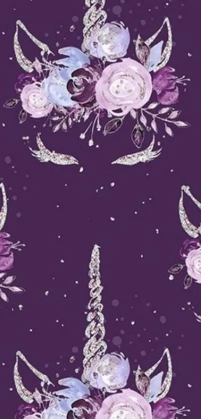 Purple floral wallpaper with unicorn elements