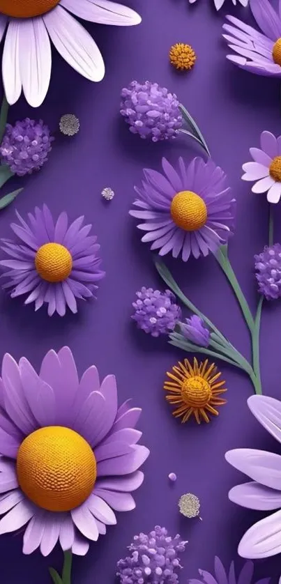 Purple flowers and daisies on a vibrant wallpaper.