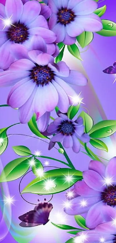 Purple floral fantasy wallpaper with butterflies and greenery.