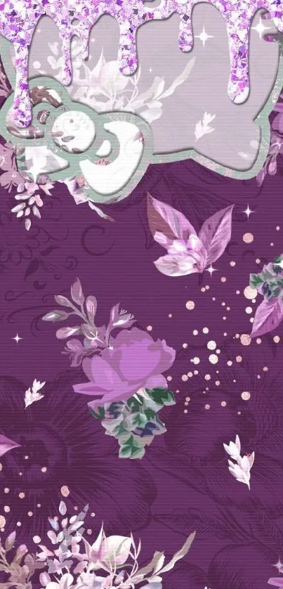 Purple floral wallpaper with whimsical bear and lilac accents.