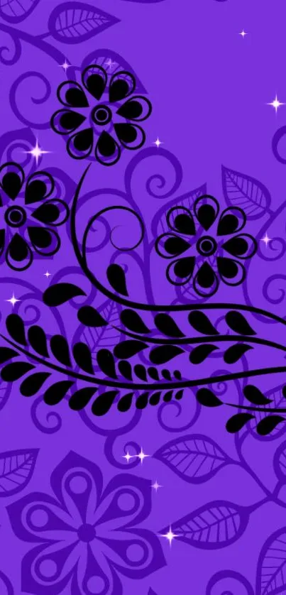 Vibrant purple mobile wallpaper with black floral patterns and decorative elements.