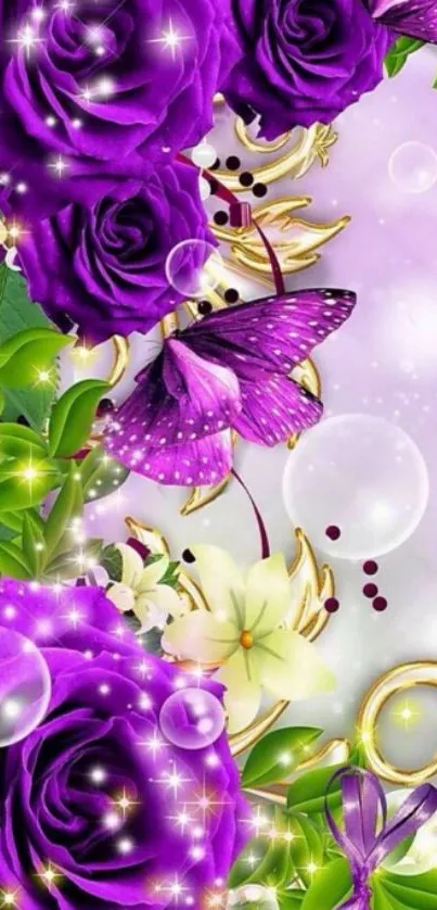 Purple roses and butterfly mobile wallpaper with sparkling effects.