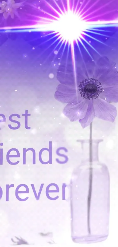 Purple flower in a vase with 'Best Friends Forever' text and radiant light.