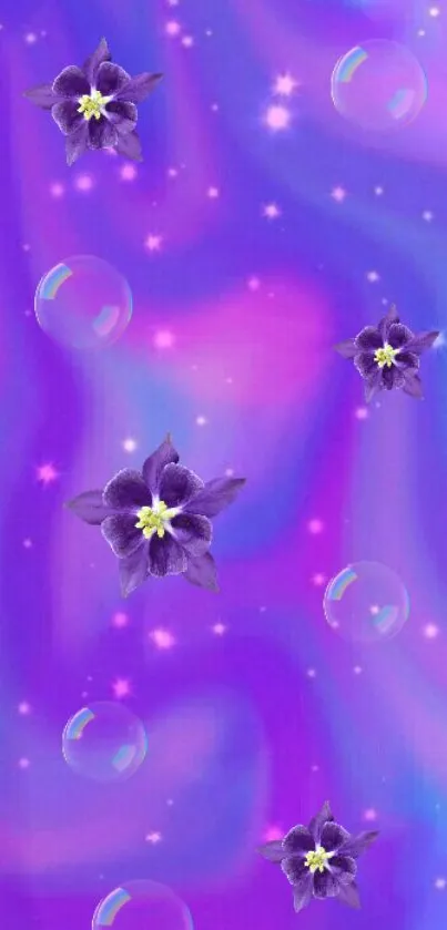 Purple floral wallpaper with bubbles and stars.