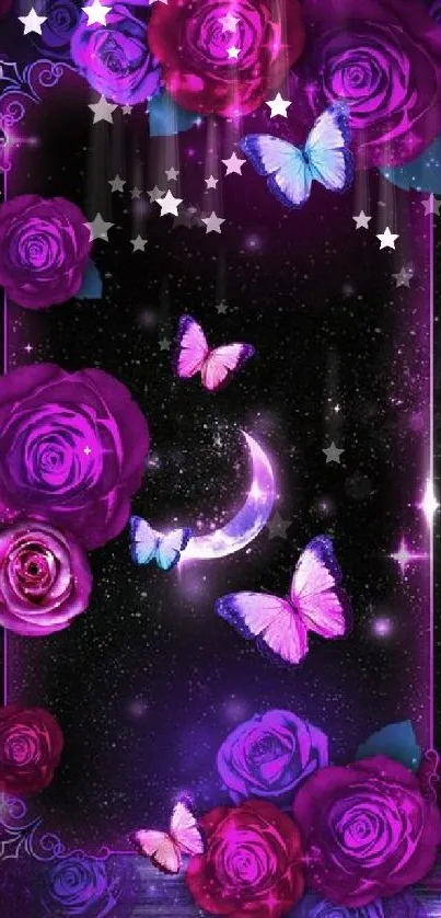 Purple galaxy wallpaper with roses and butterflies.