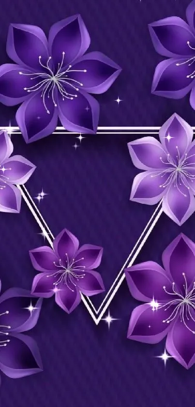 Purple floral geometric wallpaper with triangle pattern and gradient flowers.