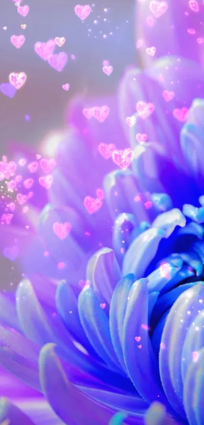 Purple flower with glowing hearts design wallpaper.