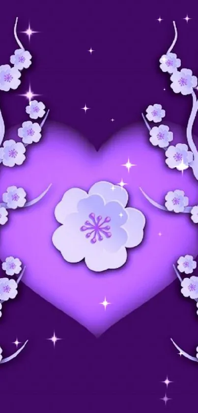 Purple floral heart wallpaper with delicate blossoms.