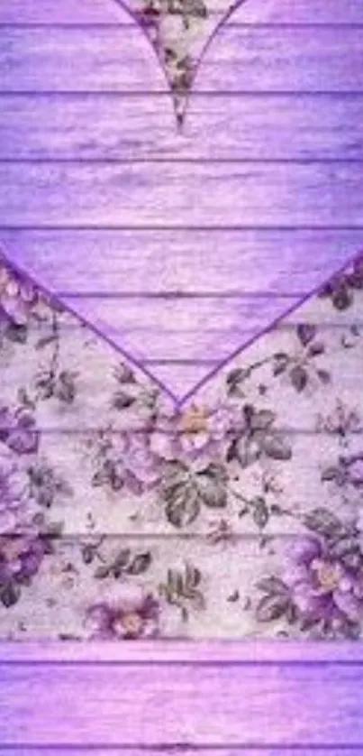 Purple heart wallpaper with vintage floral design on rustic wood.