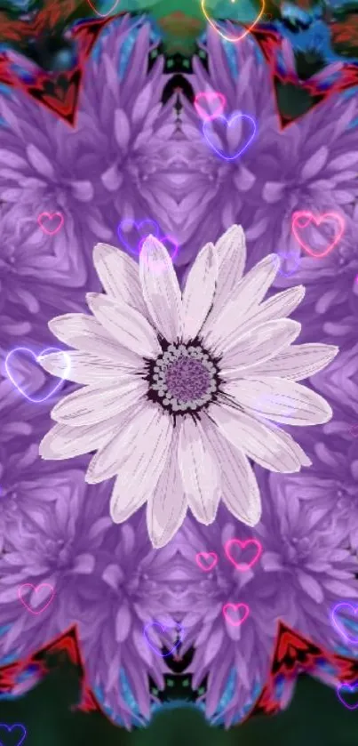 Purple floral wallpaper with hearts and a central white flower.