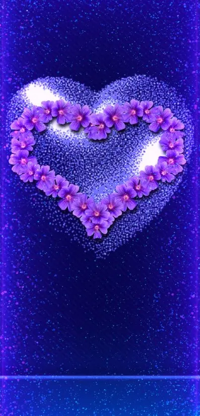 Purple floral heart with sparkling effect on a deep blue background.