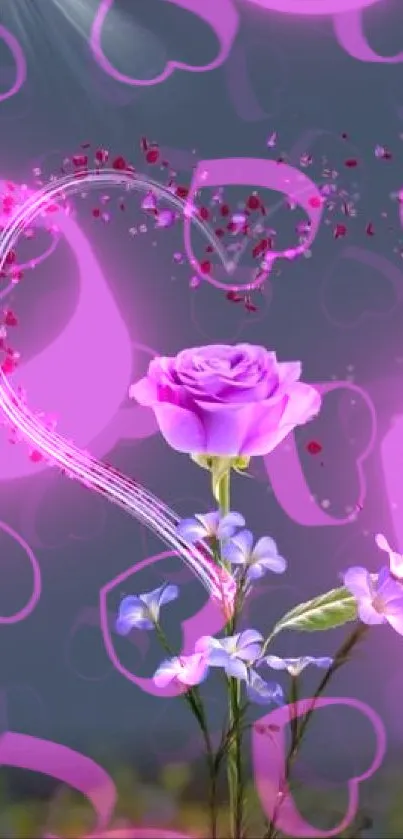 Vibrant purple rose with heart-shaped floral accents on a dark background.