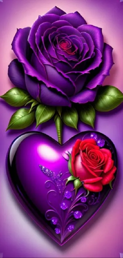 Purple rose and heart wallpaper with vibrant colors.