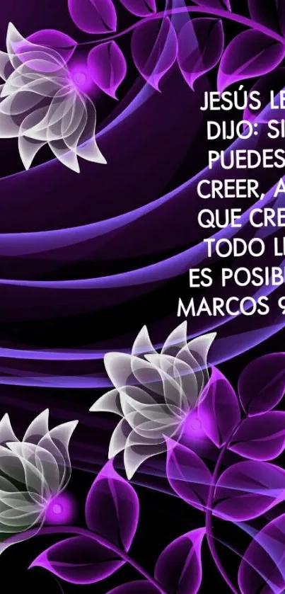 Purple floral wallpaper with inspirational quote in Spanish.