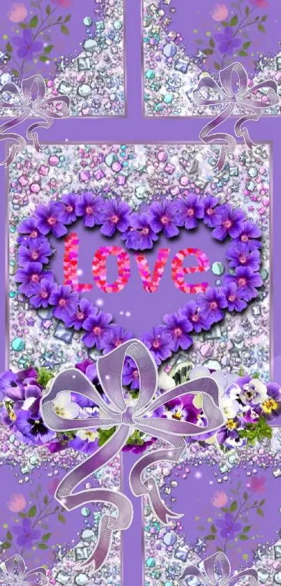 Purple floral heart with 'love' text and gem accents on a vibrant background.