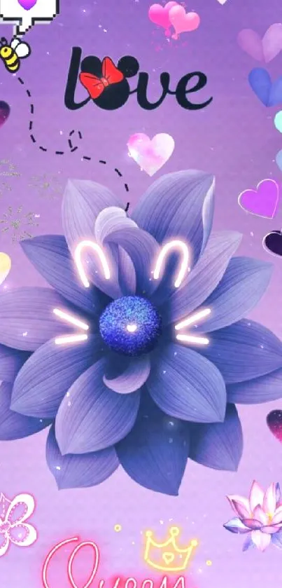 Purple flower wallpaper with hearts and love symbols.