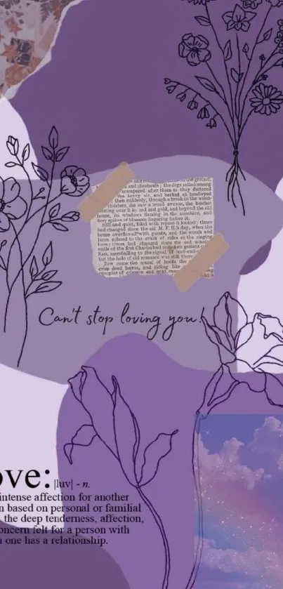 Purple wallpaper with floral line art and love quotes.