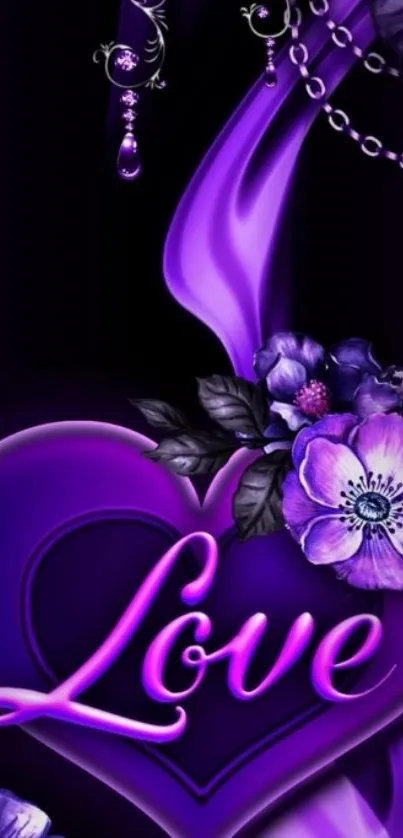 Purple heart with flowers and love text wallpaper.