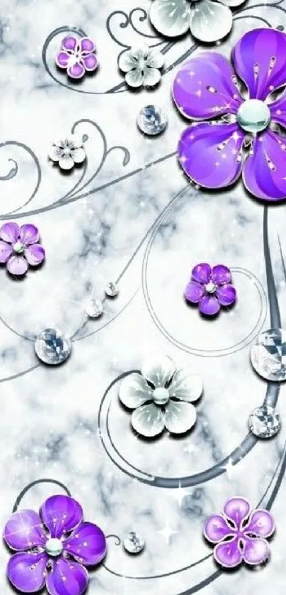 Purple floral wallpaper with marble background and delicate flowers.