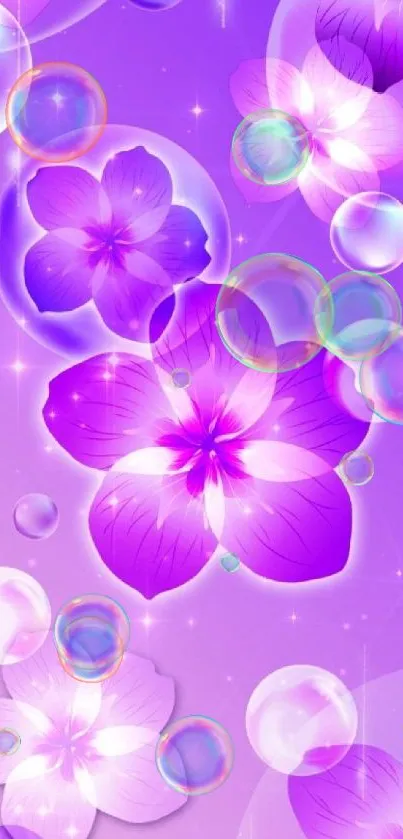 Purple floral wallpaper with glowing flowers and bubbles.