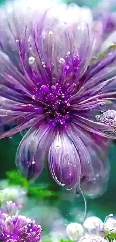 Beautiful purple flower with dew droplets in stunning detail.