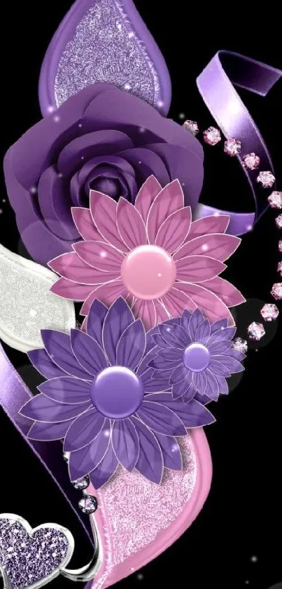 Elegant purple floral design on black wallpaper.